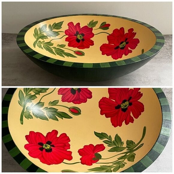 Sherwood Forest Red Opium Poppies Hand Painted Check Rim Maple Wood Salad Bowl - Picture 1 of 7